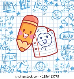 School vector illustration with cute characters with eyes: smiling pencil and page. Cartoon art in hand drawn style on notebook pen doodles background