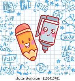 School vector illustration with cute characters with eyes: smiling pencil and pen. Cartoon art in hand drawn style on notebook pen doodles background 