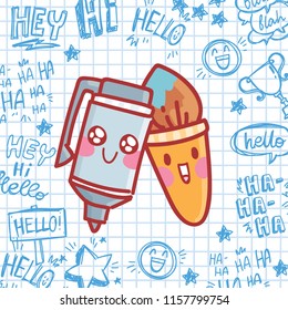 School vector illustration with cute characters with eyes: smiling pen and pencil. Cartoon art in hand drawn style on notebook pen doodles background