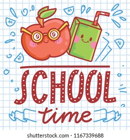 School vector illustration with cute drawn characters: apple and juice box. School Time. Art in cartoon style on notebook background with pen doodles