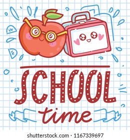 School vector illustration with cute drawn characters: lunch box and apple. School Time. Art in cartoon style on notebook background with pen doodles