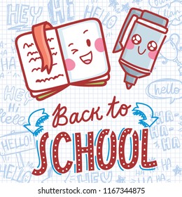 School vector illustration with cute drawn stationary characters: book and pen. Back to School. Art in cartoon style on notebook background with pen doodles