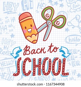 School vector illustration with cute drawn stationary characters: pencil and scissors. Back to School. Art in cartoon style on notebook background with pen doodles