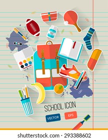 School vector illustration on line notebook paper. Education set of school icons. Flat style, long shadows. High school object college items. Creative card with teenager flying objects. Back to school