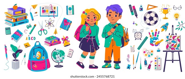 School vector illustration. Set for back to school, study tools, supplies. Little cute boy and girl going to education. Notebook satchel, pen pencil, ruler, calculator in flat style isolated on white.
