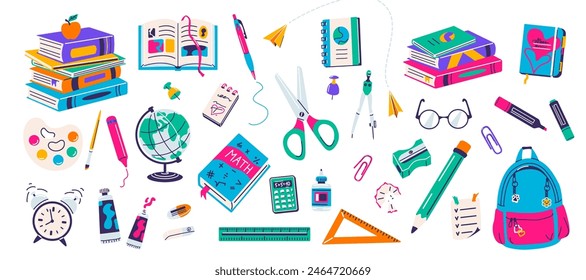 Ilustración vectorial escolar. Preparado para volver a la escuela, herramientas de estudio, suministros. Cuaderno de bolsillo, bolígrafo, lápiz, tijeras de Regla, calculadora en estilo de dibujos animados plana aislado en blanco.