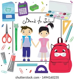 School vector illustration with school supplies set and lettering sale text in white background. First day of school vector illustration. School kid.
