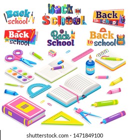 School vector, isolated book and textbook, notebook and pencil. Glue and ruler, scissors and palette with paint crayons. Discipline education. Back to school concept. Flat cartoon isometric 3d