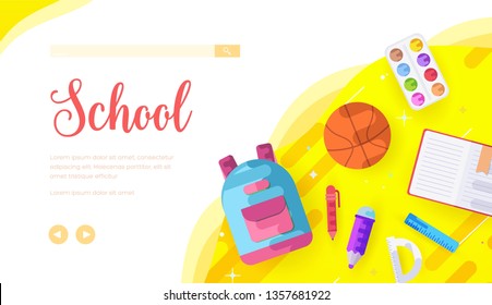 School vector landing page template. College subjects web banner with text space. University website homepage design. Afterschool activities cartoon illustration. Office supplies, stationery