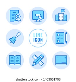 School vector line icons set. Education, diploma, lesson, book, blackboard outline symbols. Modern simple stroke graphic elements. Round icons