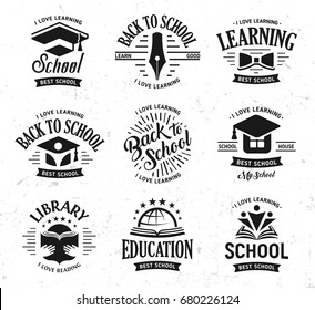 School vector logos set, monochrome vintage design education signs. Back to school, university, college, learning logo collection. Black and white emblems on white grunge background.