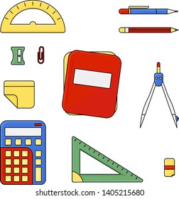 School vector objects collection. Flat color school icons.