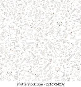 school vector outline seamless pattern background with pencil, book, ruler, degree cup symbols. 