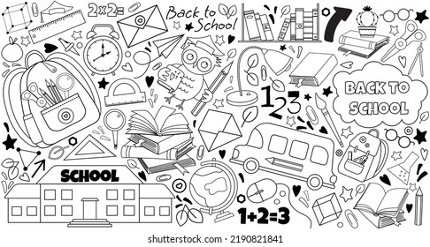 School vector painting with college supplies. Education graphic design with book, globe, college bus and backpack