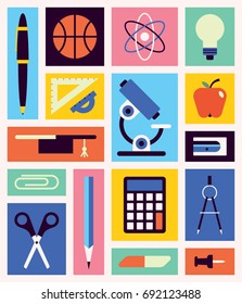 School, vector science illustration, flat icon set, white background