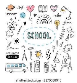 School vector set. Back to school hand drawn clipart. School doodle set