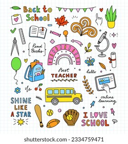 School vector set. School doodle icons. Cute learning illustrations