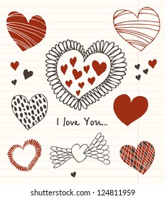 School vector set of hearts in grunge style. Love school collection of romantic valentines elements. Beautiful sketches of hearts on the notebooks leaf