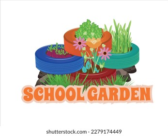 School vegetable garden, with car tires reused as pots and vegetables, flowers planted