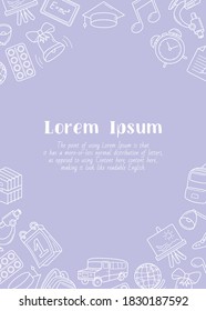 School - vertical card with text and vector outline illustrations of education accessories for graphic design