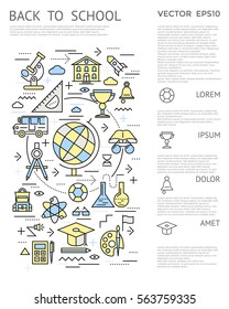 School vertical concept with flat isolated science and education symbols abstract decorative lines and text columns vector illustration