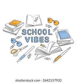 School vibes, banner in doodle style. Lettering with black outline, hand drawn books, glasses, pencil and pen. Stylish design for children's online courses and classes, homeschooling.