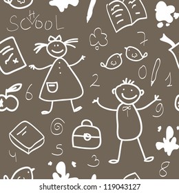 School vintage seamless pattern with boys, girls and school stuff - book, pencil, ink splash, bag, apple