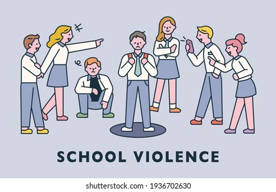 School Violence. Bad Students Are Harassing Him Around A Student. Flat Design Style Minimal Vector Illustration.