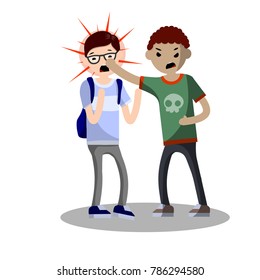 School violence. young guys students fight. A bully beats a guy with glasses. the blow to the face - cartoon flat illustration
