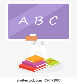 School violet blackboard with written ABC and books pile nearby vector colorful graphic illustration. Equipments for educational template