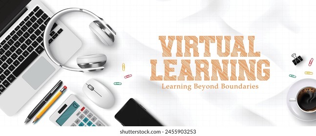 School virtual learning vector template design. Back to school virtual learning text with laptop and headphone digital device for educational e learning background. Vector illustration virtual 