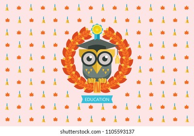 School wall, the backdrop for the photo shoot. A wise owl in an academic cap framed by a Laurel wreath. Vector emblem, logo