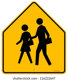 School Warning Sign - Yellow road sign with black silhouettes of people