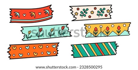 School washi tape cartoon in doodle retro style. Back to school stationery element bold bright. Classic supplies for children education or office. Fun vector illustration isolated on white background.