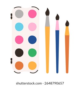 School Watercolor paints and paintbrush isolated on white background. Watercolour palette and brushes, art tool in flat style. Artist equipment