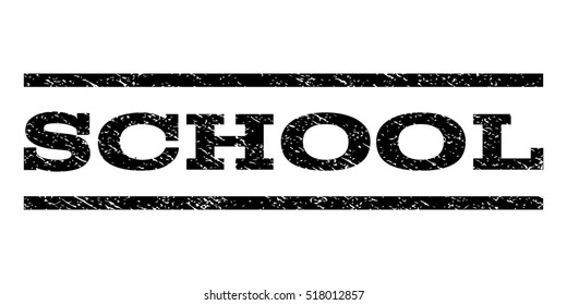School watermark stamp. Text tag between horizontal parallel lines with grunge design style. Rubber seal stamp with unclean texture. Vector black color ink imprint on a white background.