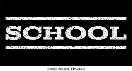 School watermark stamp. Text tag between horizontal parallel lines with grunge design style. Rubber seal stamp with unclean texture. Vector white color ink imprint on a black background.