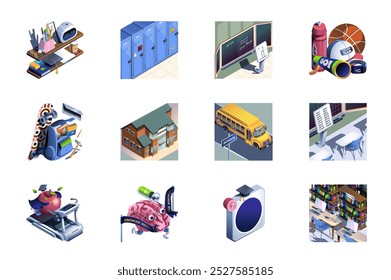 School web concept of 3d isometric icons set in isometry design. Stationery, lockers, blackboard, sport ball, schoolbag, building, yellow bus, desk in class, education, other. Vector illustration.