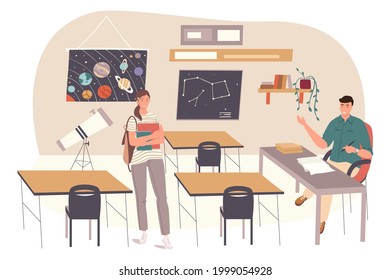 School web concept. Student learns astronomy at classroom. Teacher teaching subject in lesson at class. Science and education. People scenes template. Vector illustration of characters in flat design