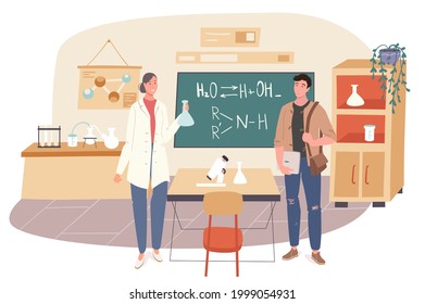 School web concept. Student learns chemistry at classroom. Teacher teaching subject in lesson at class. Science and education. People scenes template. Vector illustration of characters in flat design
