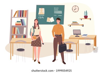 School web concept. Students learns at history lesson at classroom. Teenage classmates study in class. Science and education. People scenes template. Vector illustration of characters in flat design