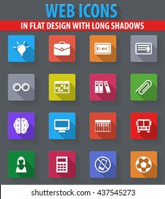 School web icons in flat design with long shadows