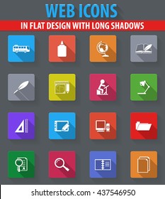 School web icons in flat design with long shadows