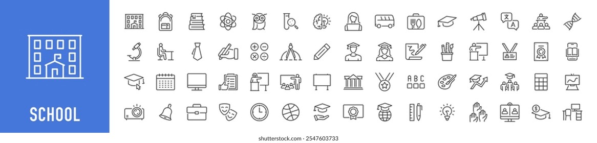 Ícones escolares da Web em estilo de linha. Educação, conhecimento, professor, sala de aula, estudo, língua, coleção. Ilustração vetorial.