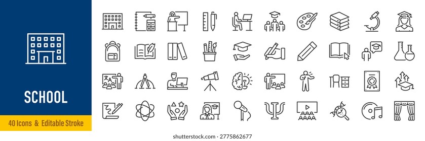 School web icons in line style. Education, knowledge, teacher, class room, study, language, collection. Vector illustration.
