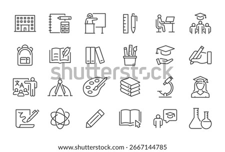 School web icons in line style. Education, knowledge, teacher, class room, study, language, collection. Vector illustration.