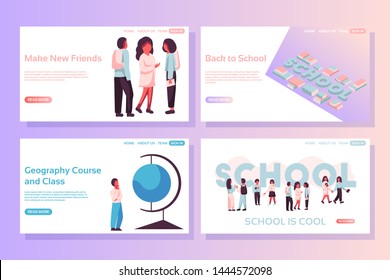 School web page concepts. Web page design templates set of children talking, isometric school and books, geography course and class. Modern vector illustration designs for website development.