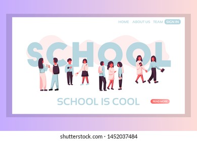 School web page concepts. Web page design templates set of children talking with lettering of the word school in the background. Modern vector illustration designs for website development.