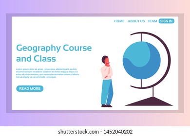 School web page concepts. Web page design templates set of boy looking at giant globe in school. Modern vector illustration designs for website development.