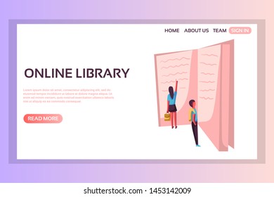 School web page concepts. Web page design templates set of boy and girl reading giant paper book. Online library. Modern vector illustration designs for website development.